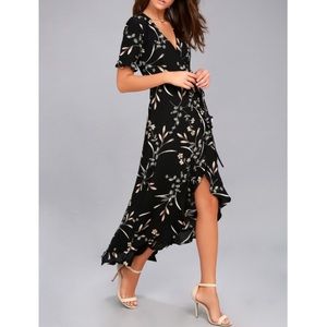 Lulu's Black Floral Print High-Low Wrap Dress